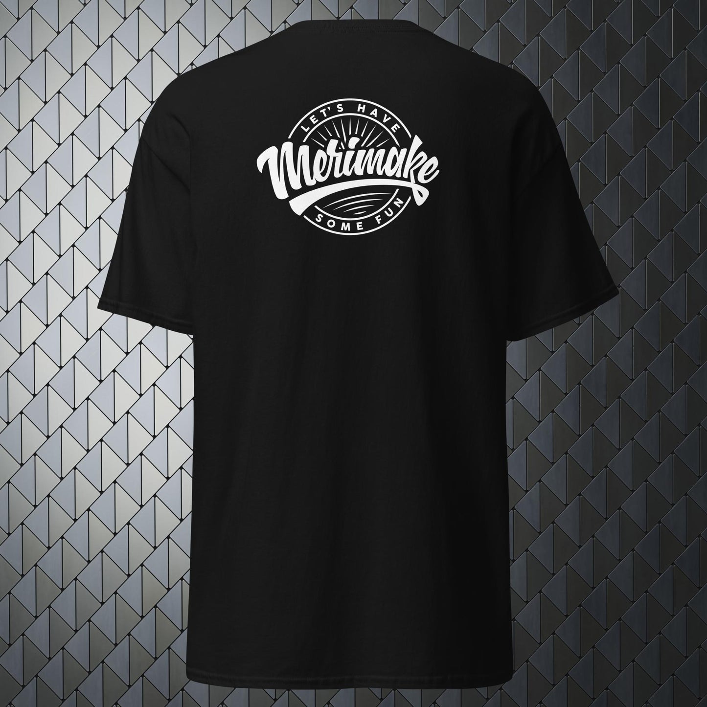 comfortable black t-shirt with a large Merimake logo on back and a small Merimake logo on the front