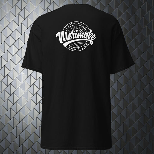 comfortable black t-shirt with a large Merimake logo on back and a small Merimake logo on the front