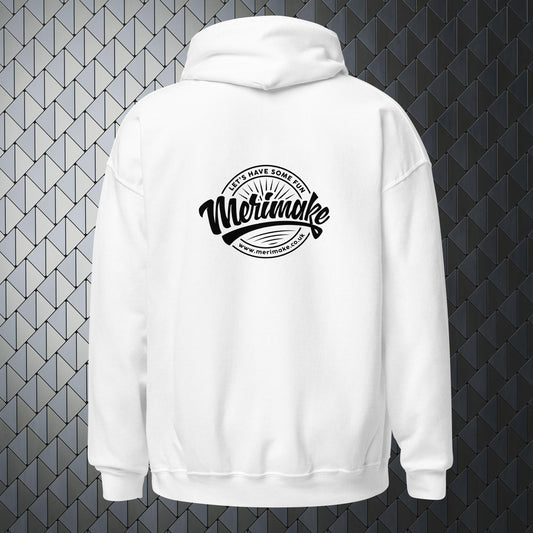 comfortable heavy blend white hoodie with a large Merimake logo on back and a small Merimake logo on the front