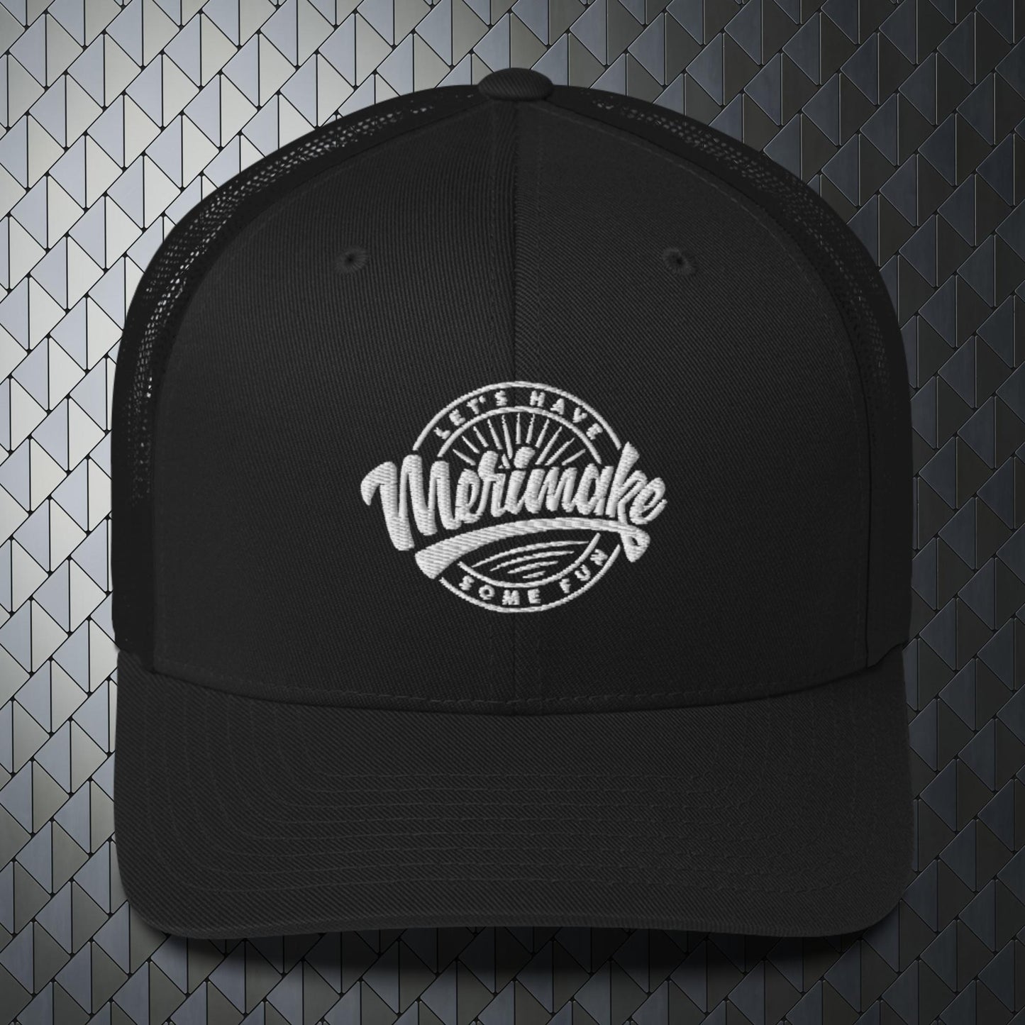 retro trucker hat in black with Merimake logo in white