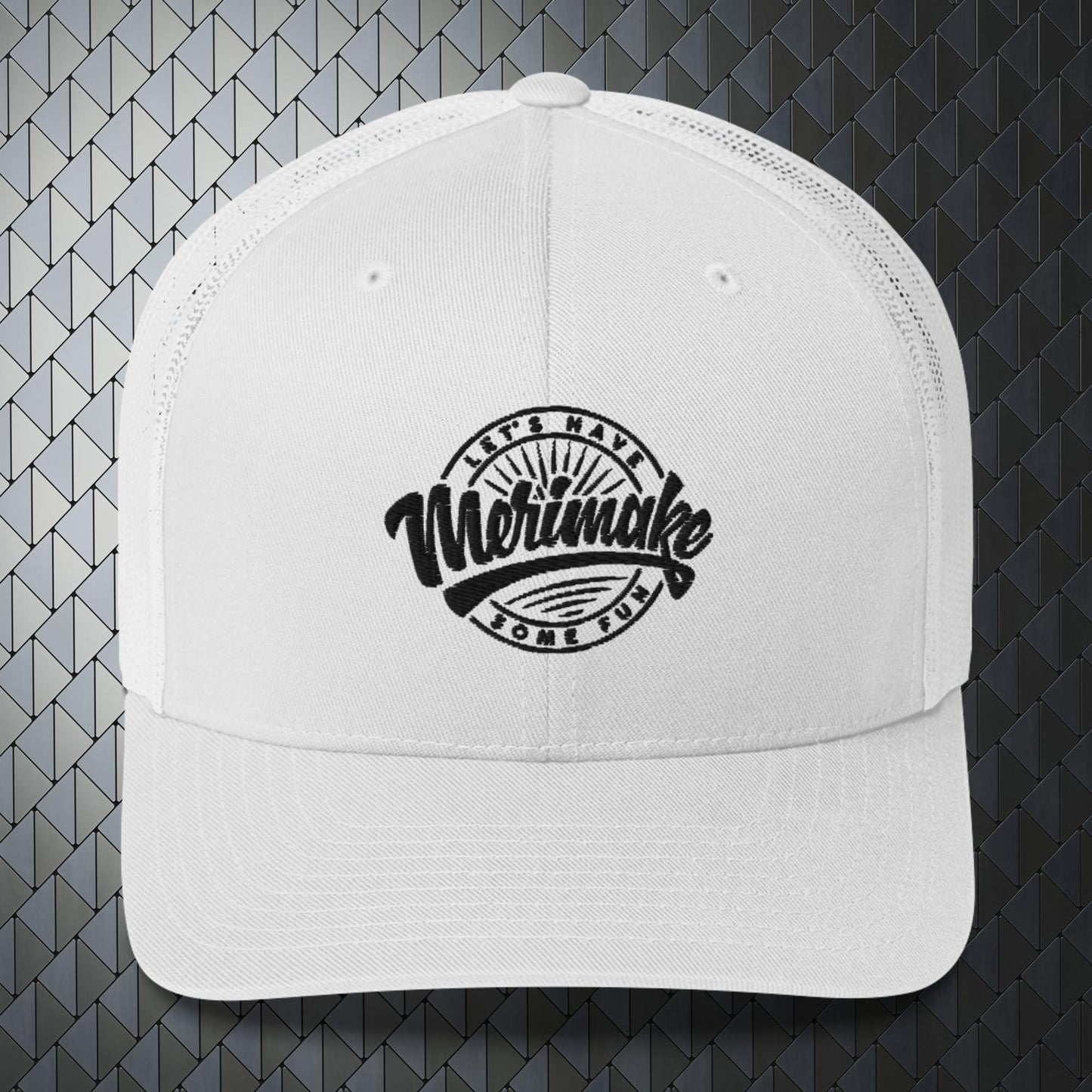 retro trucker hat in white with Merimake logo in white