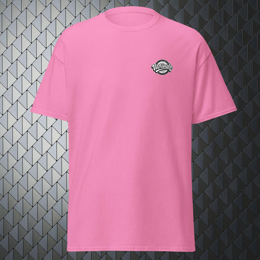 that'll buff right out comfortable pink t-shirt with that'll buff right out print on back and Merimake logo on the front