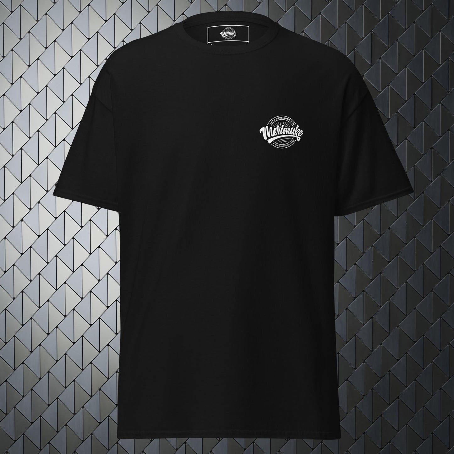 comfortable black t-shirt with a large  Merimake logo on back and a small Merimake logo on the front