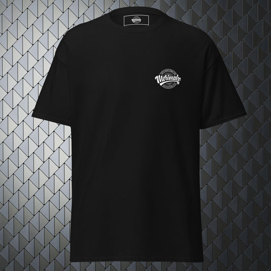 comfortable black t-shirt with a large  Merimake logo on back and a small Merimake logo on the front