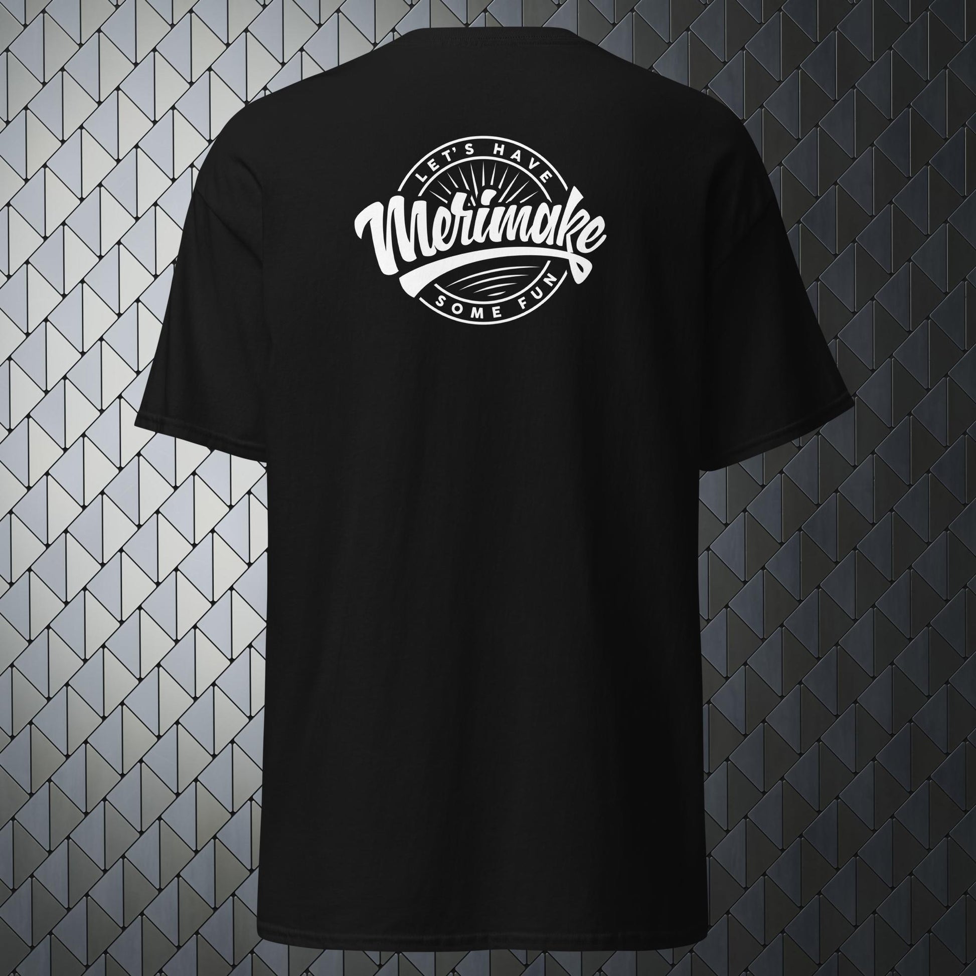 comfortable black t-shirt with a large  Merimake logo on back and a small Merimake logo on the front