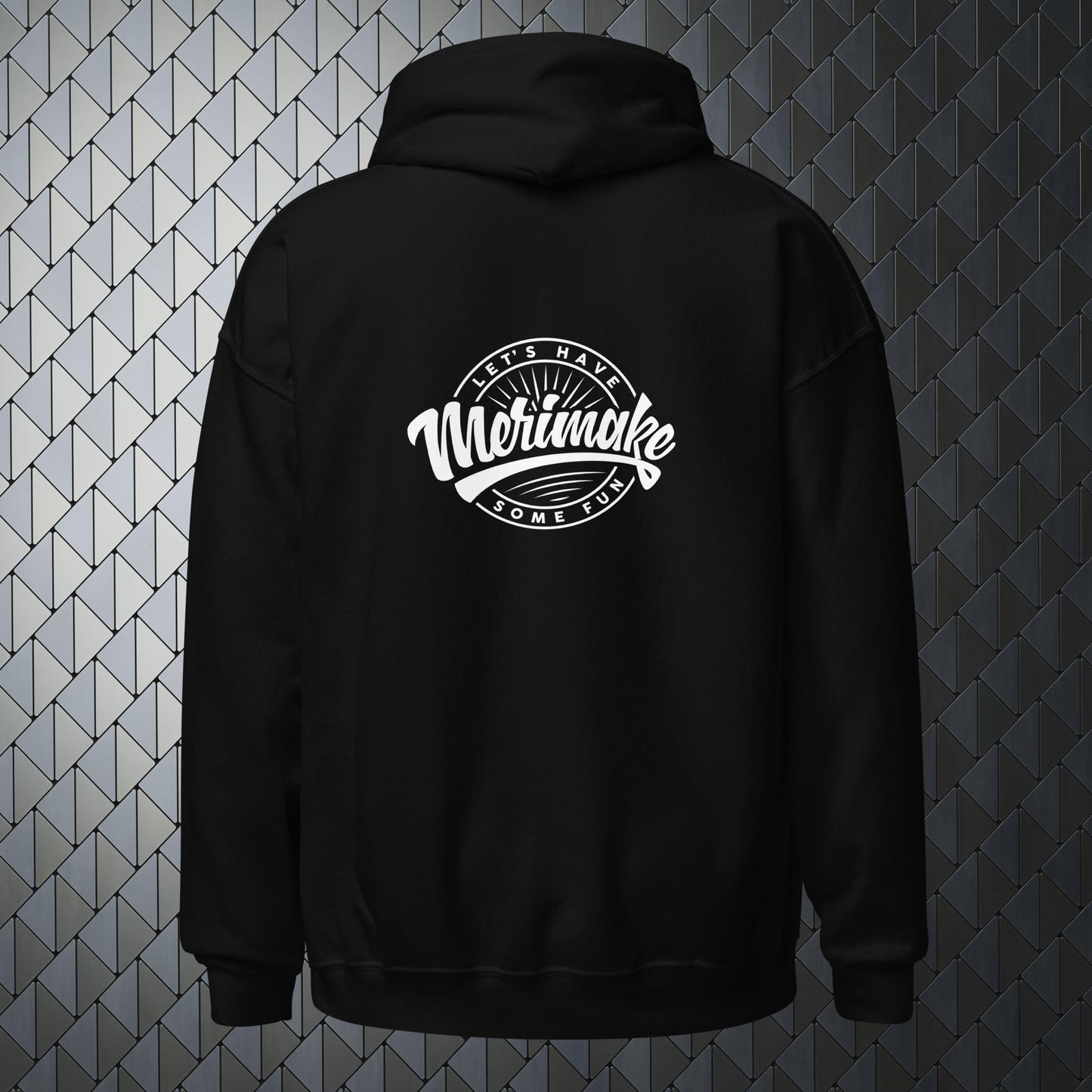 comfortable heavy blend black hoodie with a large Merimake logo on back and a small Merimake logo on the front