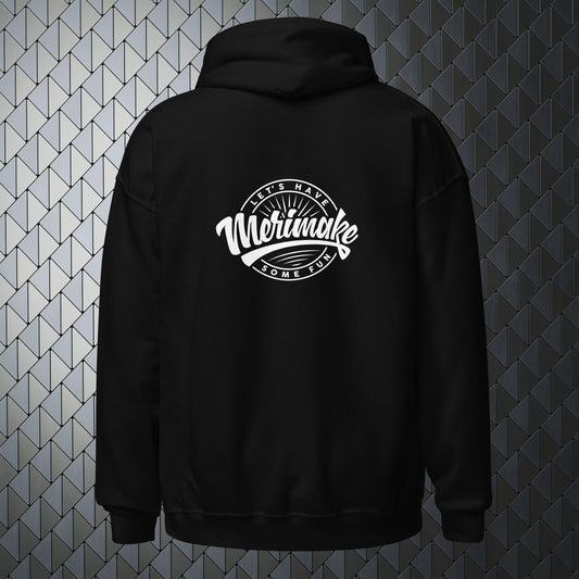 comfortable heavy blend black hoodie with a large Merimake logo on back and a small Merimake logo on the front