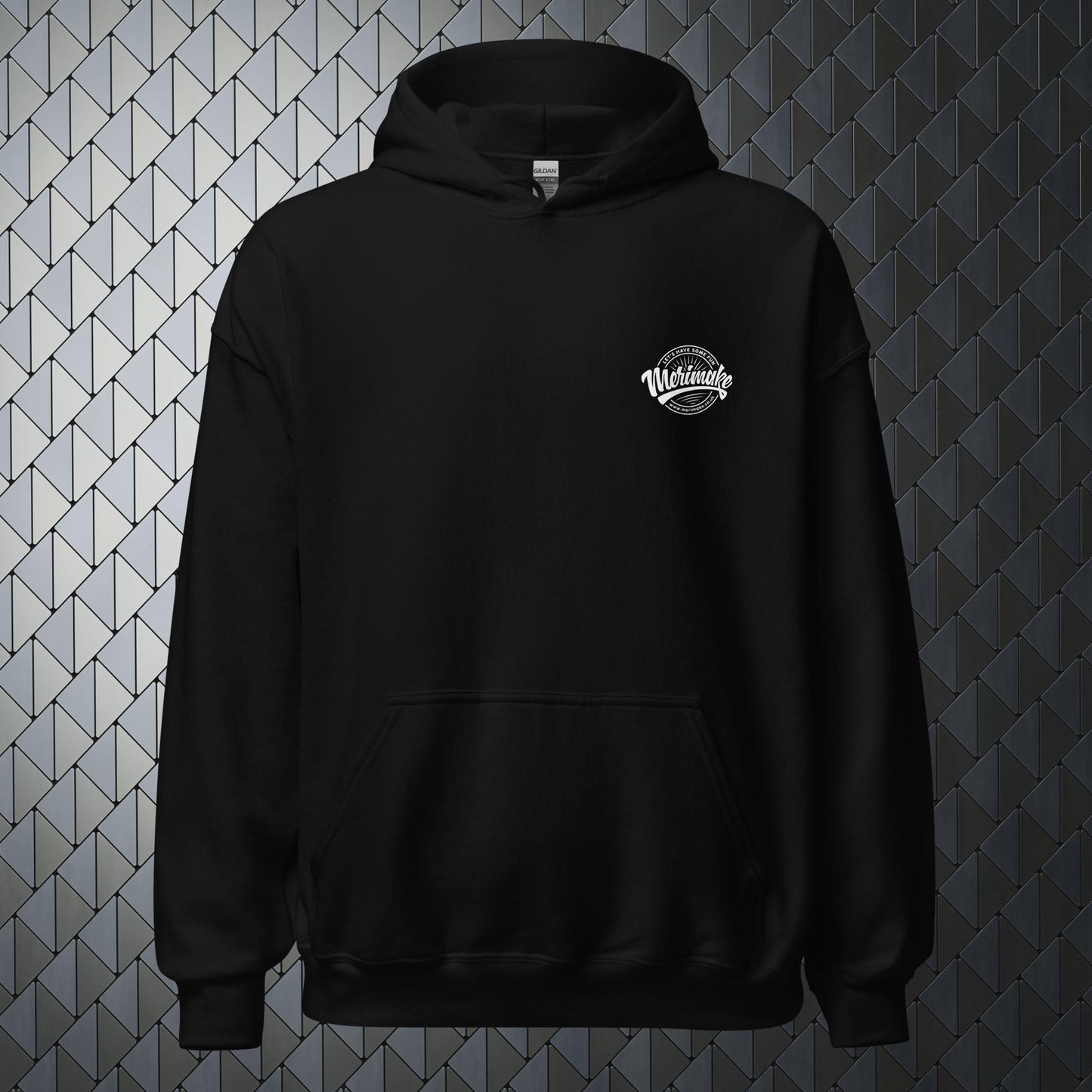 comfortable heavy blend black hoodie with a large Merimake logo on back and a small Merimake logo on the front