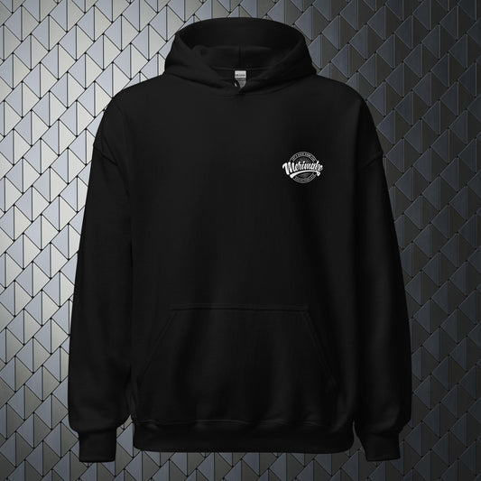 comfortable heavy blend black hoodie with a large Merimake logo on back and a small Merimake logo on the front