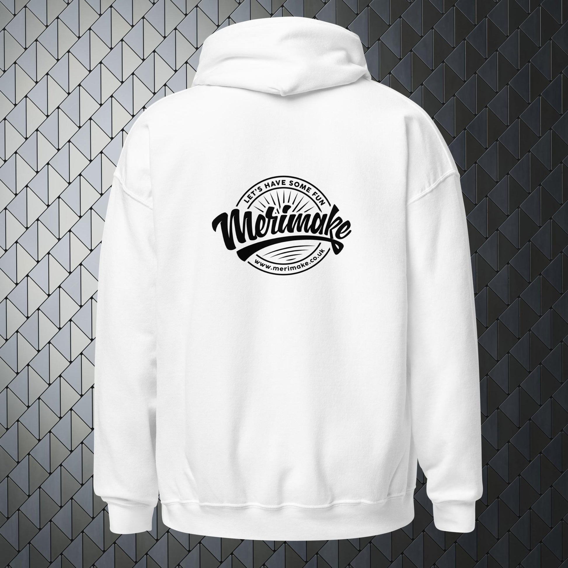 comfortable heavy blend white hoodie with a large Merimake logo on back and a small Merimake logo on the front