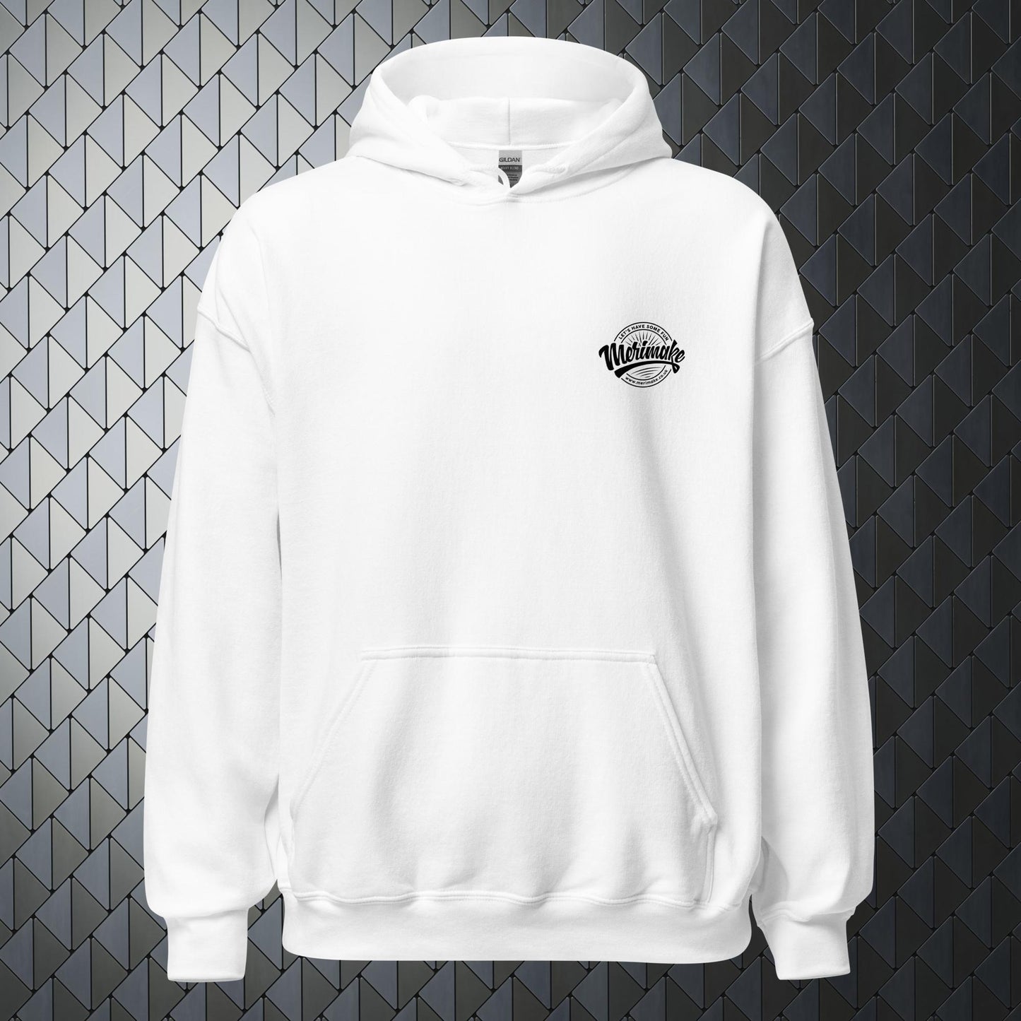 comfortable heavy blend white hoodie with a large Merimake logo on back and a small Merimake logo on the front