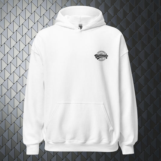 comfortable heavy blend white hoodie with a large Merimake logo on back and a small Merimake logo on the front