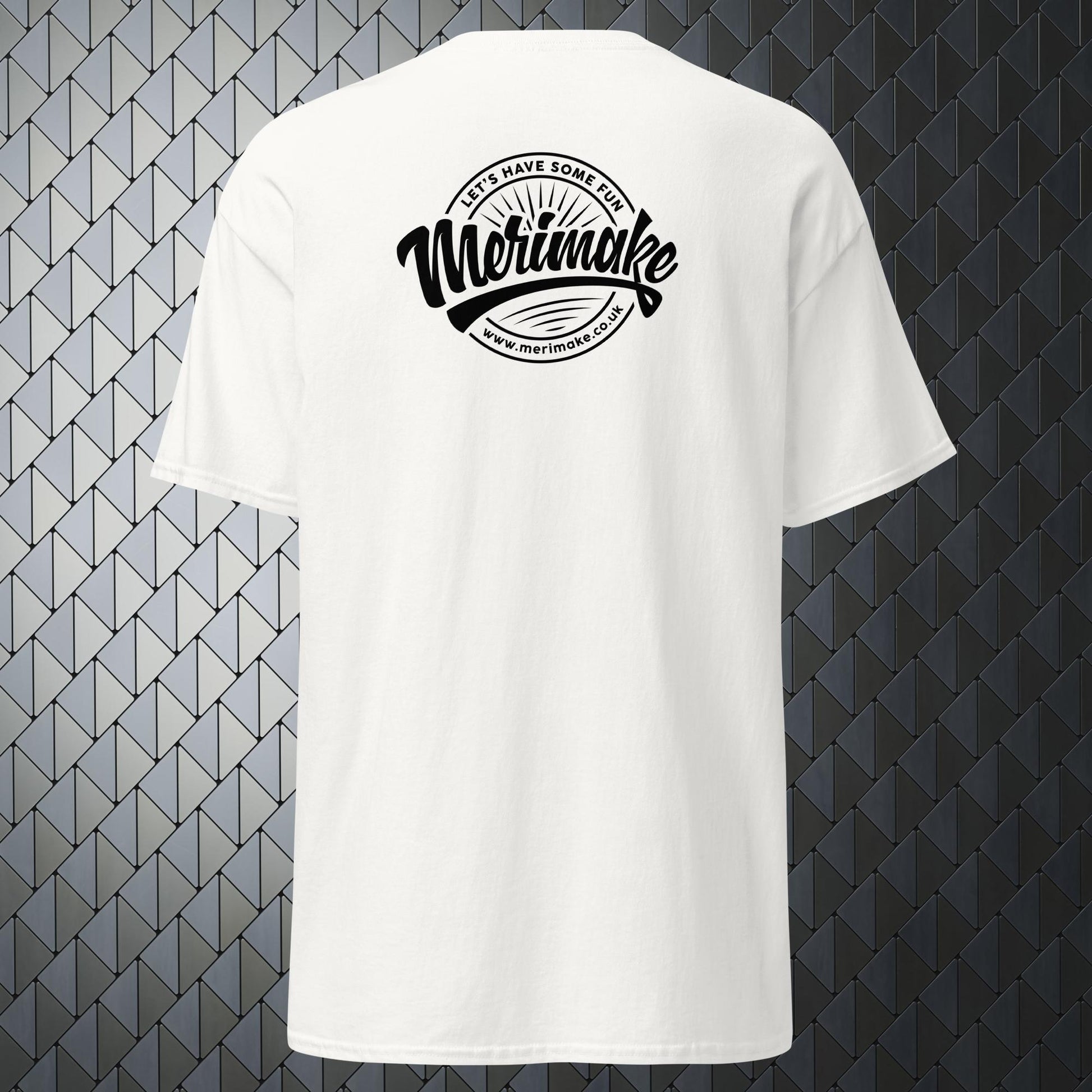 comfortable white t-shirt with a large  Merimake logo on back and a small Merimake logo on the front