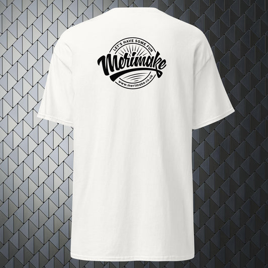 comfortable white t-shirt with a large  Merimake logo on back and a small Merimake logo on the front