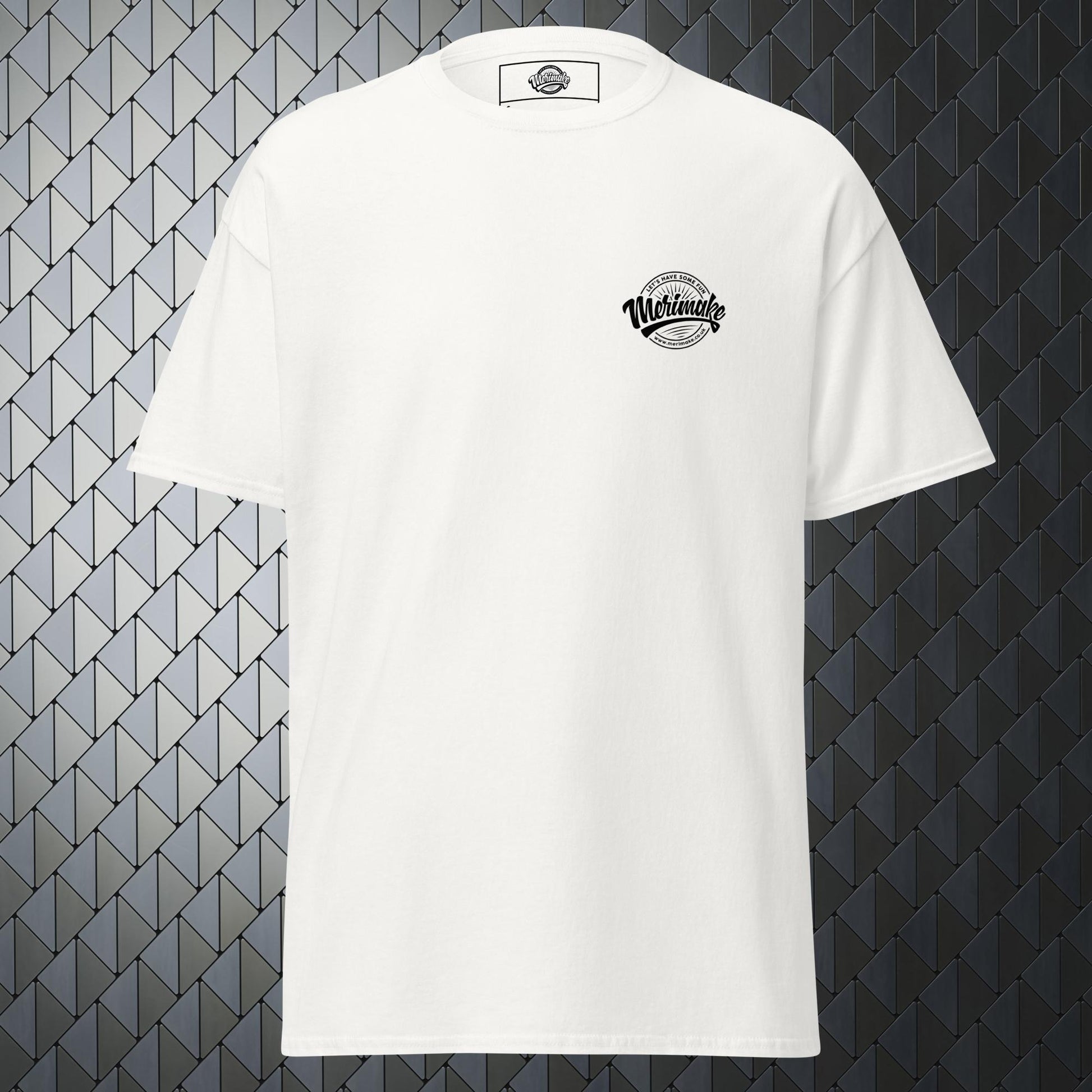 comfortable white t-shirt with a large  Merimake logo on back and a small Merimake logo on the front