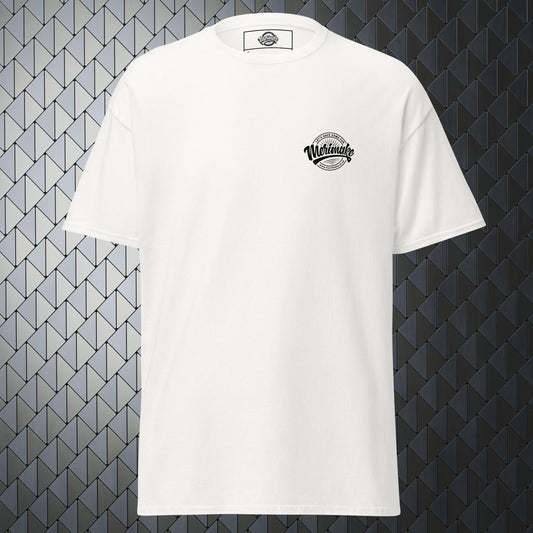 comfortable white t-shirt with a large  Merimake logo on back and a small Merimake logo on the front