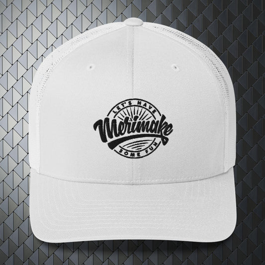 retro trucker hat in white with Merimake logo in white