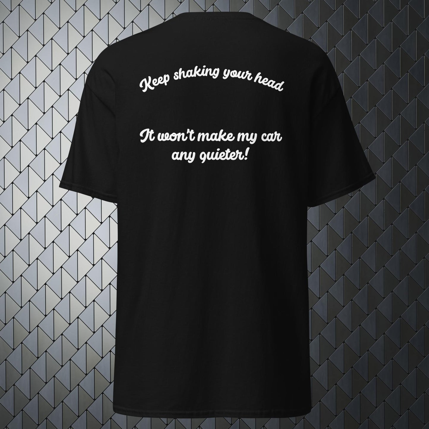 shaking your head comfortable black t-shirt with keep shaking your head print on back and Merimake logo on the front