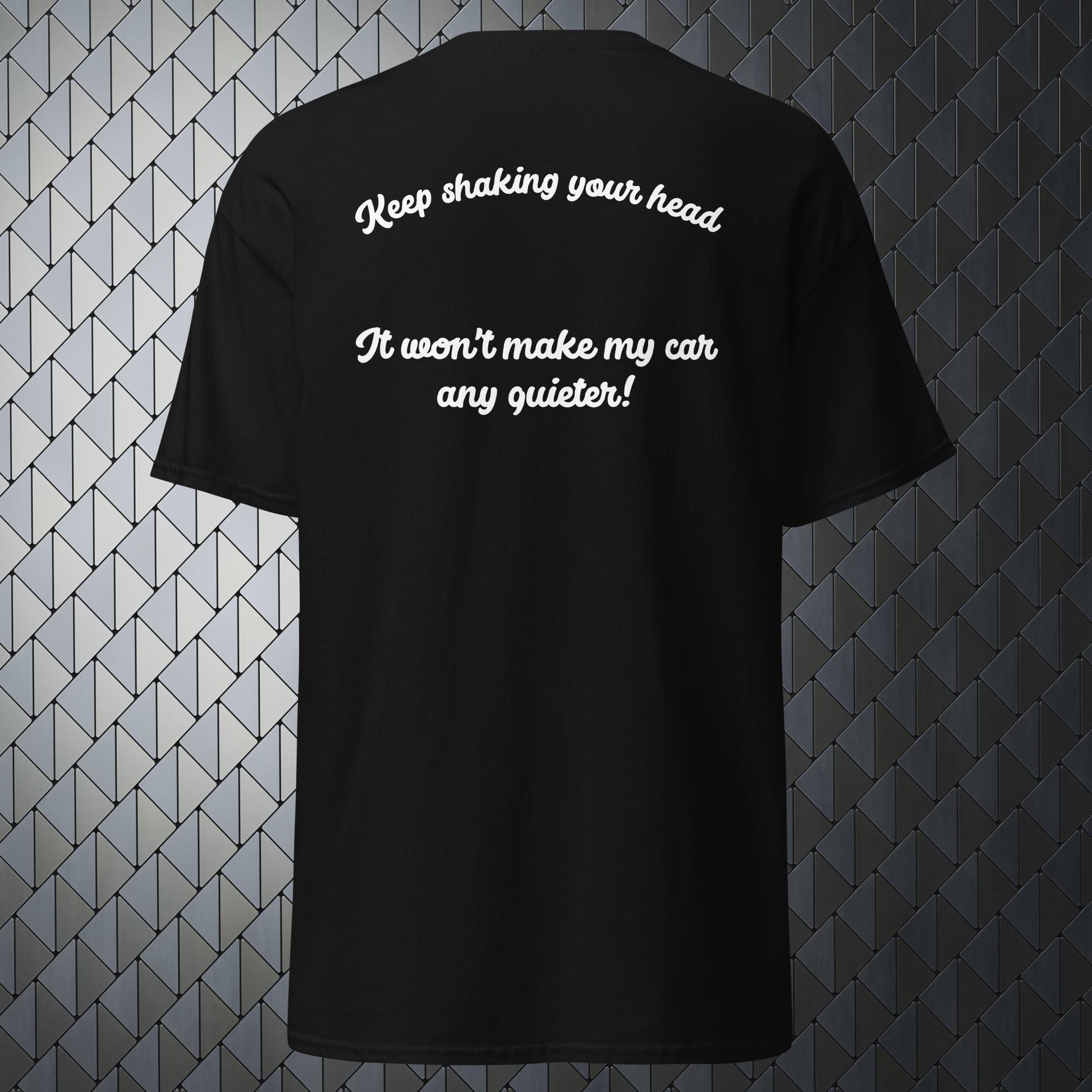 shaking your head comfortable black t-shirt with keep shaking your head print on back and Merimake logo on the front
