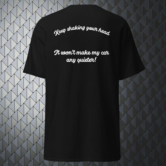 shaking your head comfortable black t-shirt with keep shaking your head print on back and Merimake logo on the front