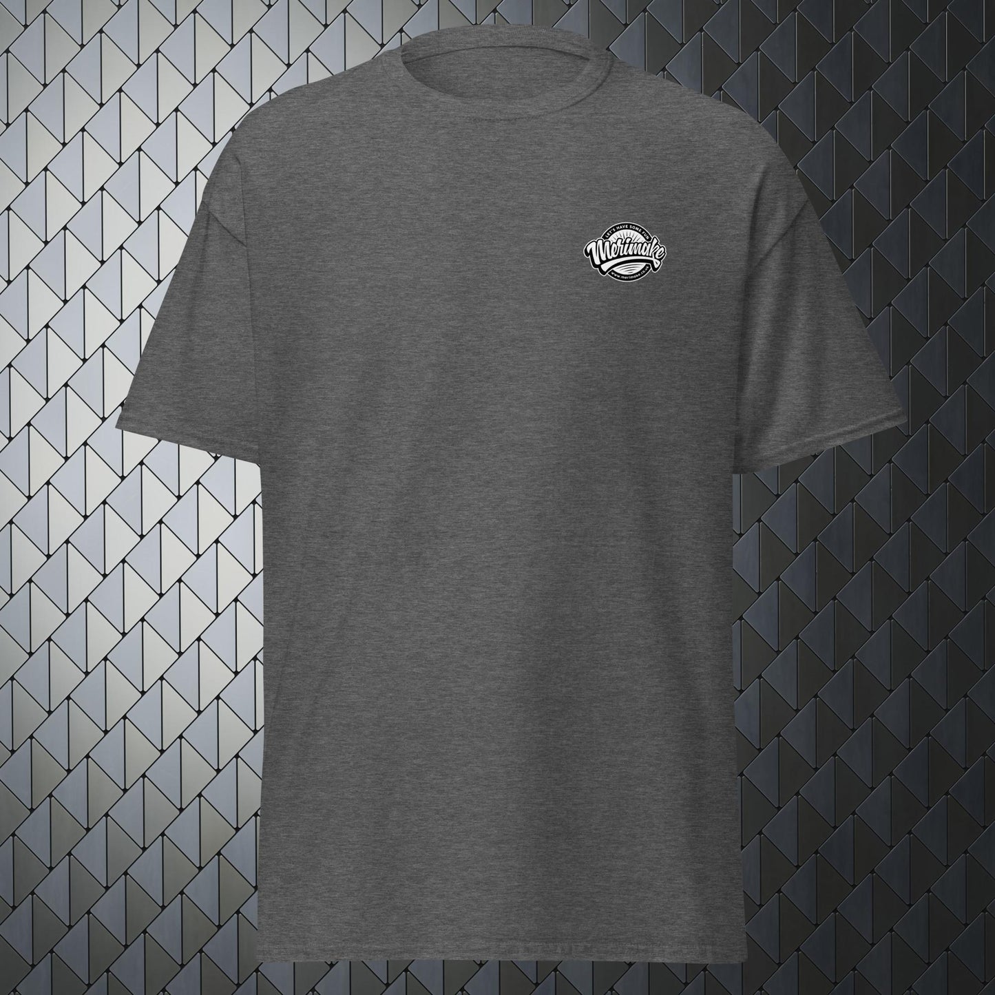shaking your head comfortable grey t-shirt with keep shaking your head print on back and Merimake logo on the front