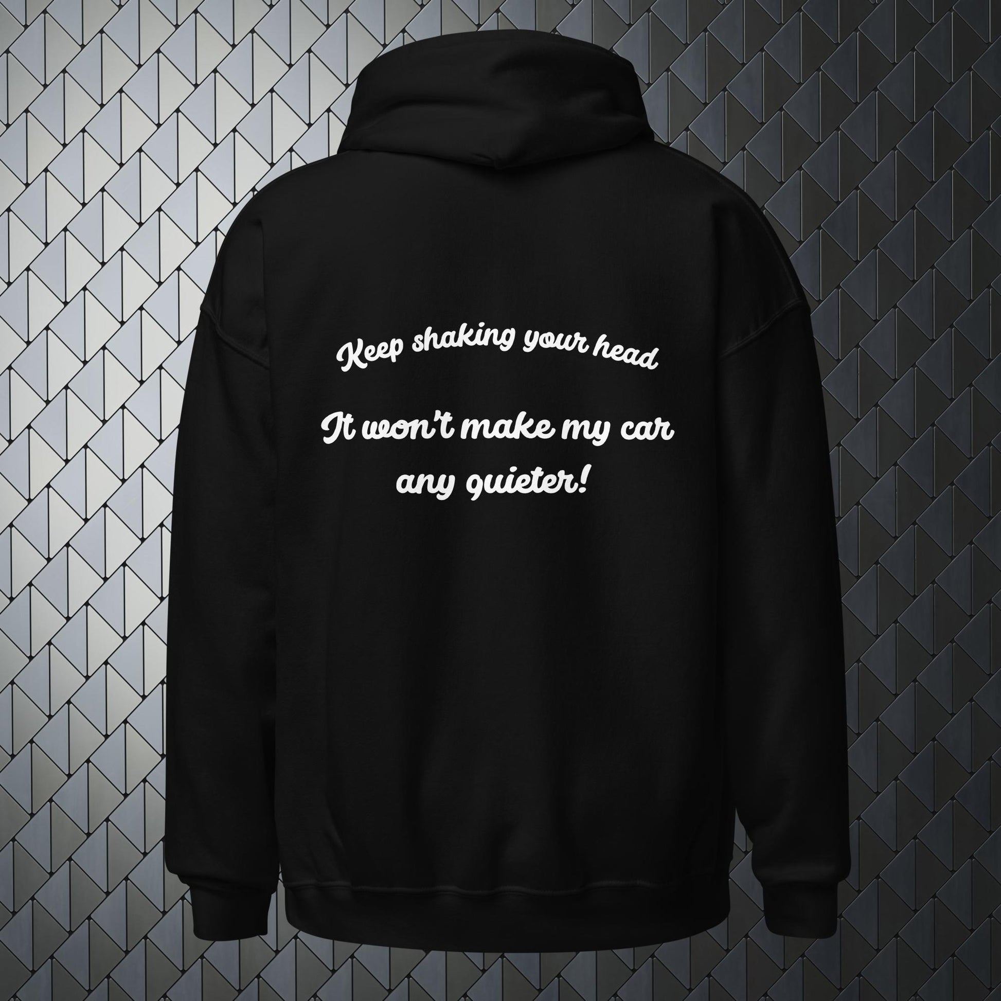 shaking your head comfortable heavy blend black hoodie with keep shaking your head print on back and Merimake logo on the front