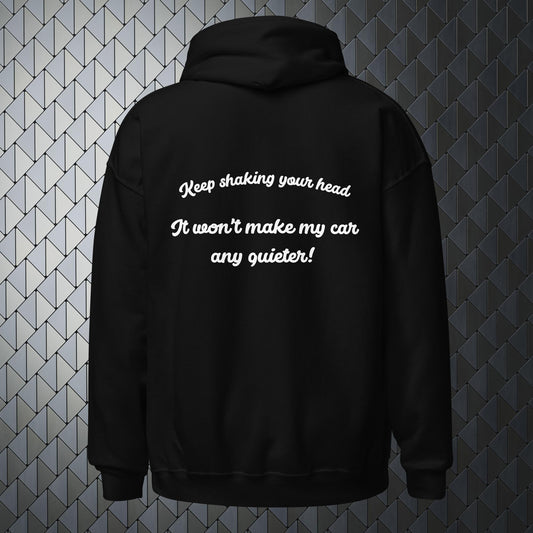 shaking your head comfortable heavy blend black hoodie with keep shaking your head print on back and Merimake logo on the front