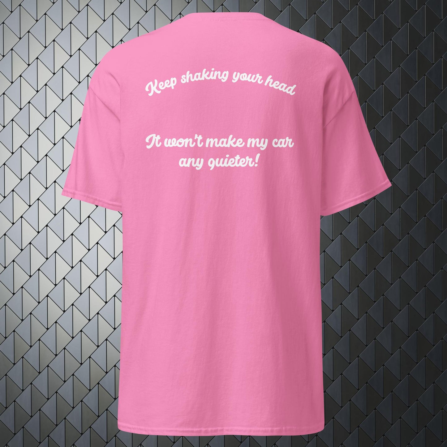 shaking your head comfortable pink t-shirt with keep shaking your head print on back and Merimake logo on the front