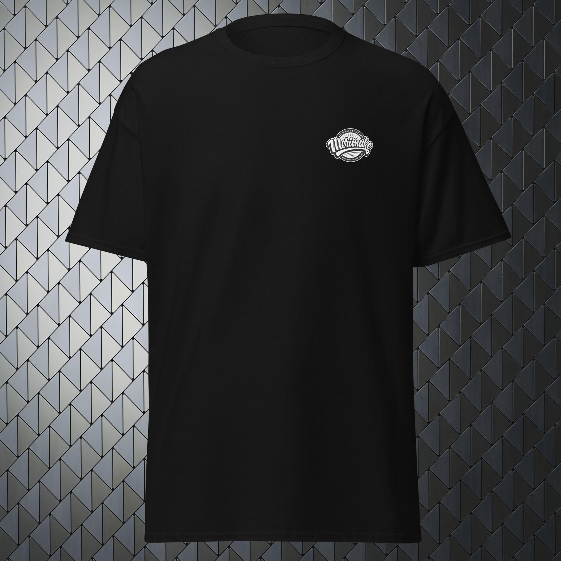 that'll buff right out comfortable black t-shirt with that'll buff right out print on back and Merimake logo on the front