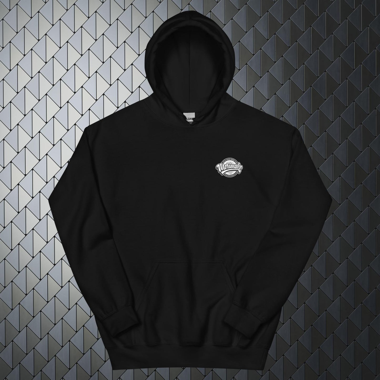 that'll buff right out comfortable heavy blend black hoodie with that'll buff right out print on back and Merimake logo on the front
