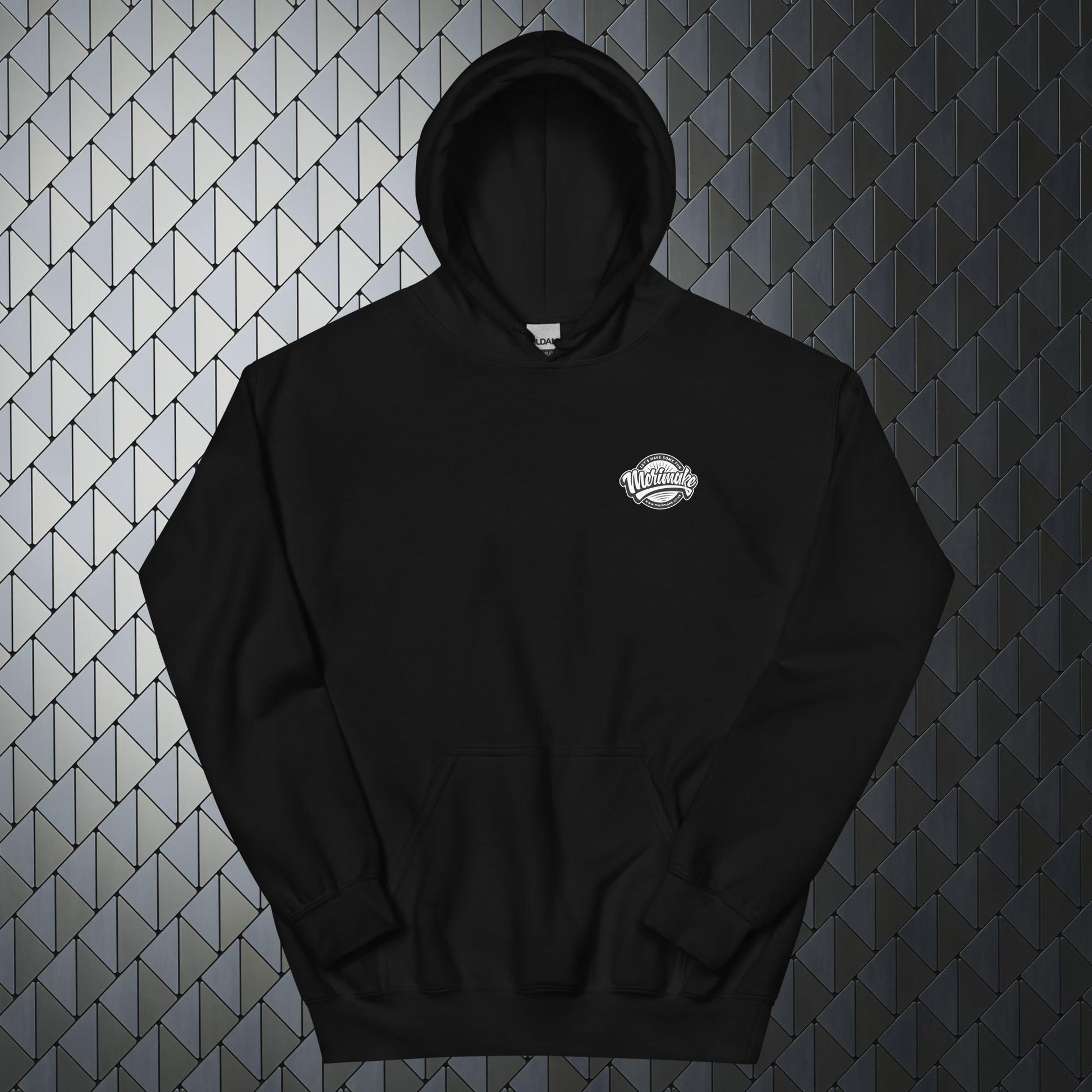 that'll buff right out comfortable heavy blend black hoodie with that'll buff right out print on back and Merimake logo on the front