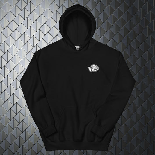 that'll buff right out comfortable heavy blend black hoodie with that'll buff right out print on back and Merimake logo on the front