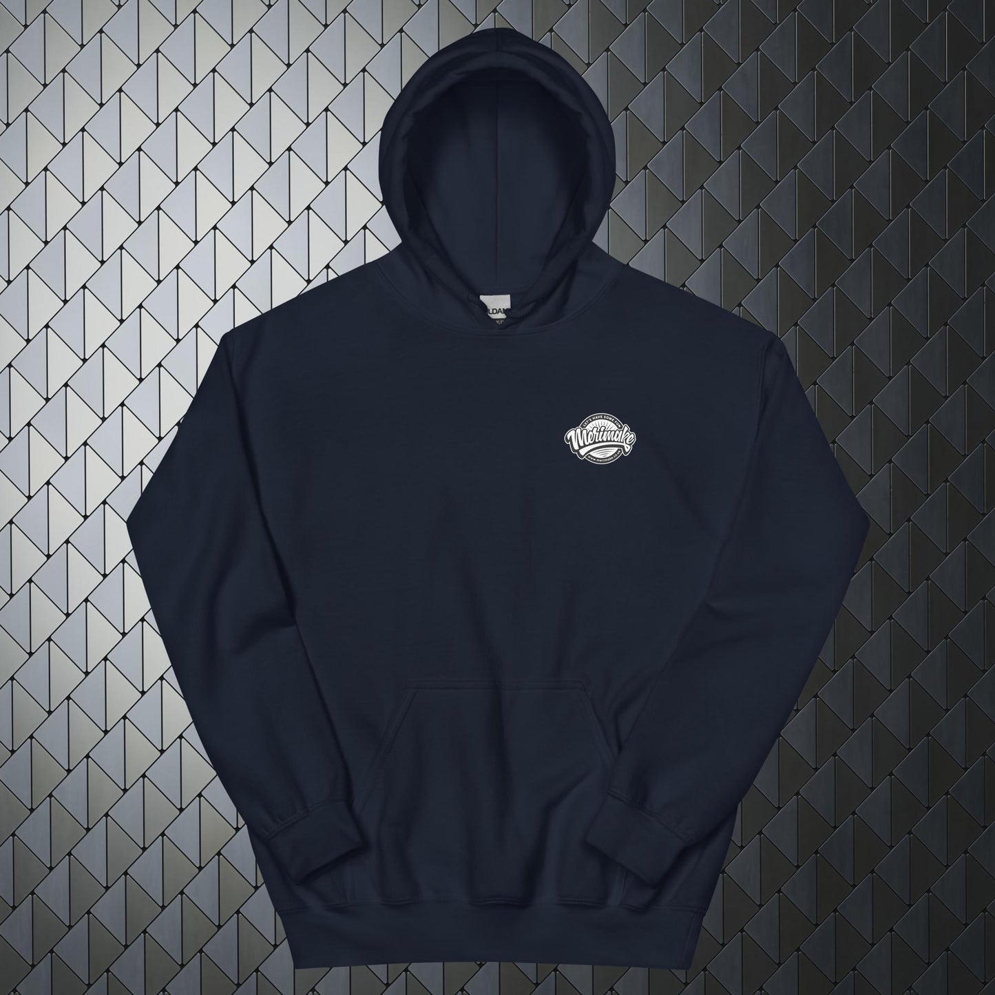 that'll buff right out comfortable heavy blend blue hoodie with that'll buff right out print on back and Merimake logo on the front