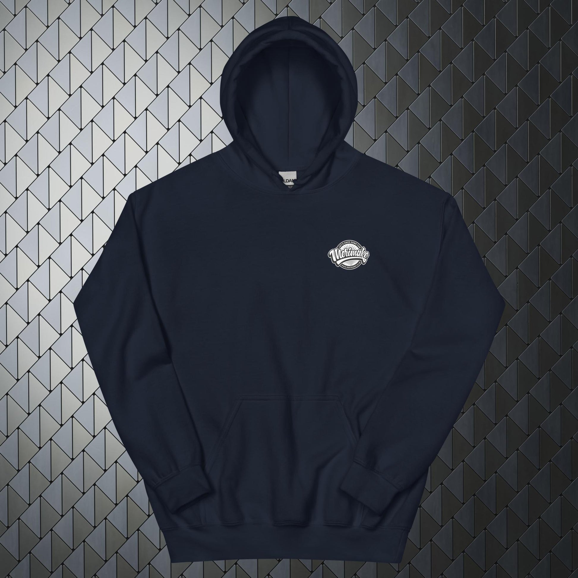 that'll buff right out comfortable heavy blend blue hoodie with that'll buff right out print on back and Merimake logo on the front