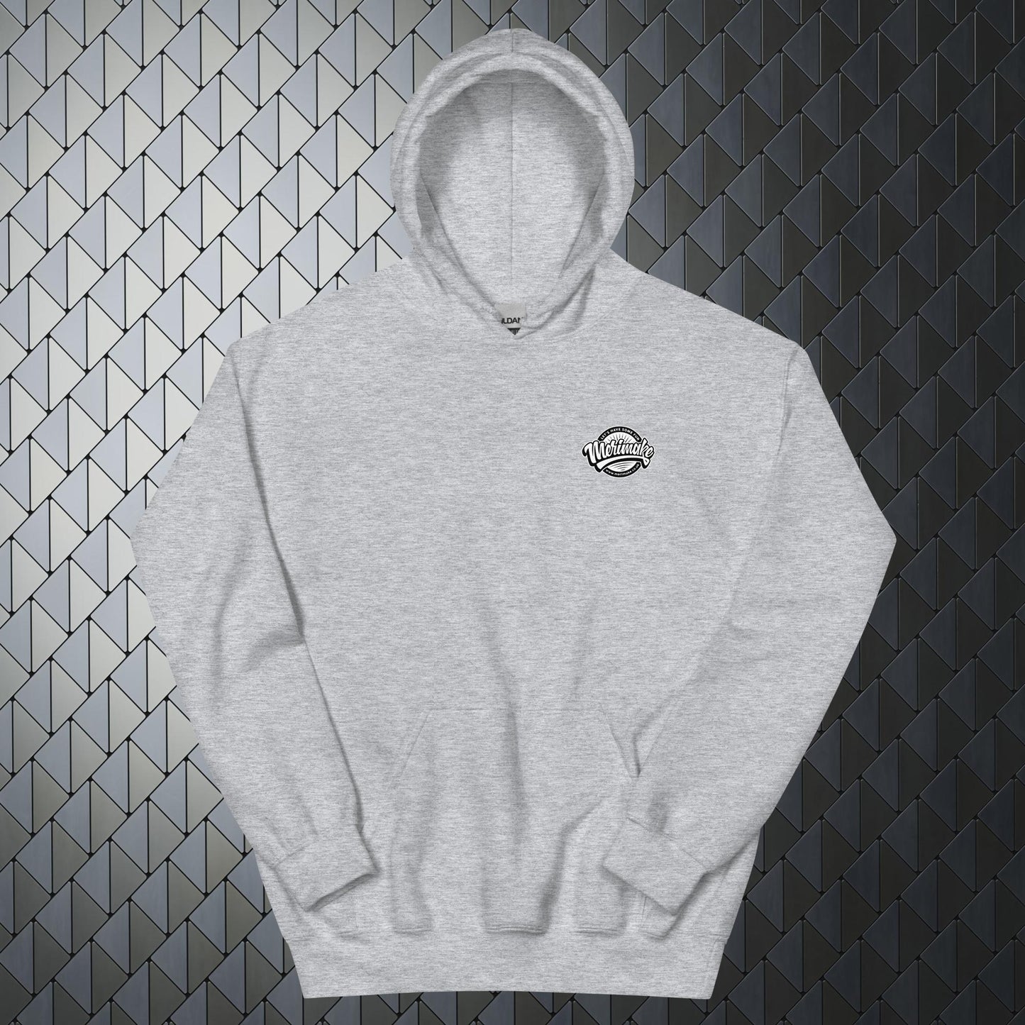 that'll buff right out comfortable heavy blend grey hoodie with that'll buff right out print on back and Merimake logo on the front