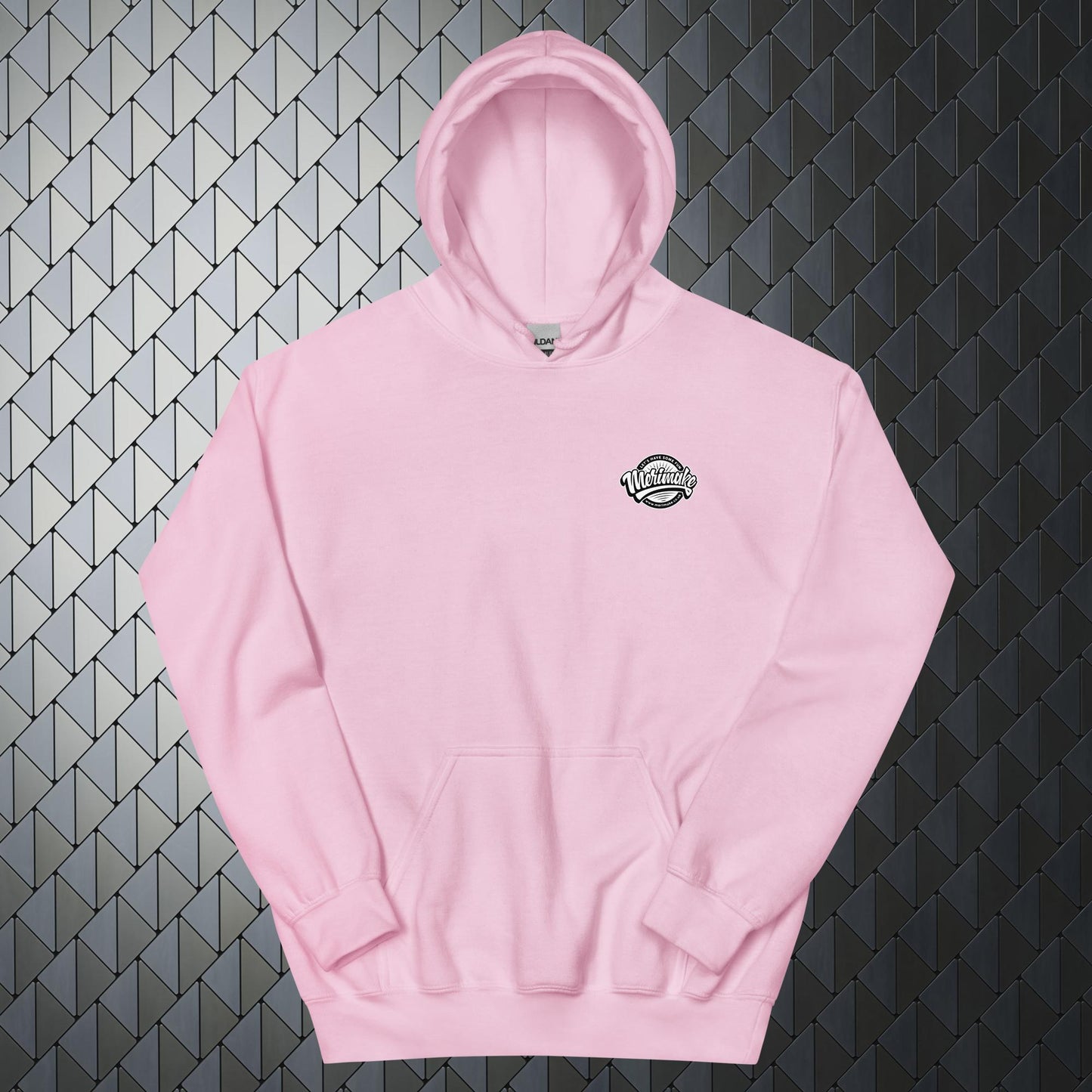 that'll buff right out comfortable heavy blend pink hoodie with that'll buff right out print on back and Merimake logo on the front