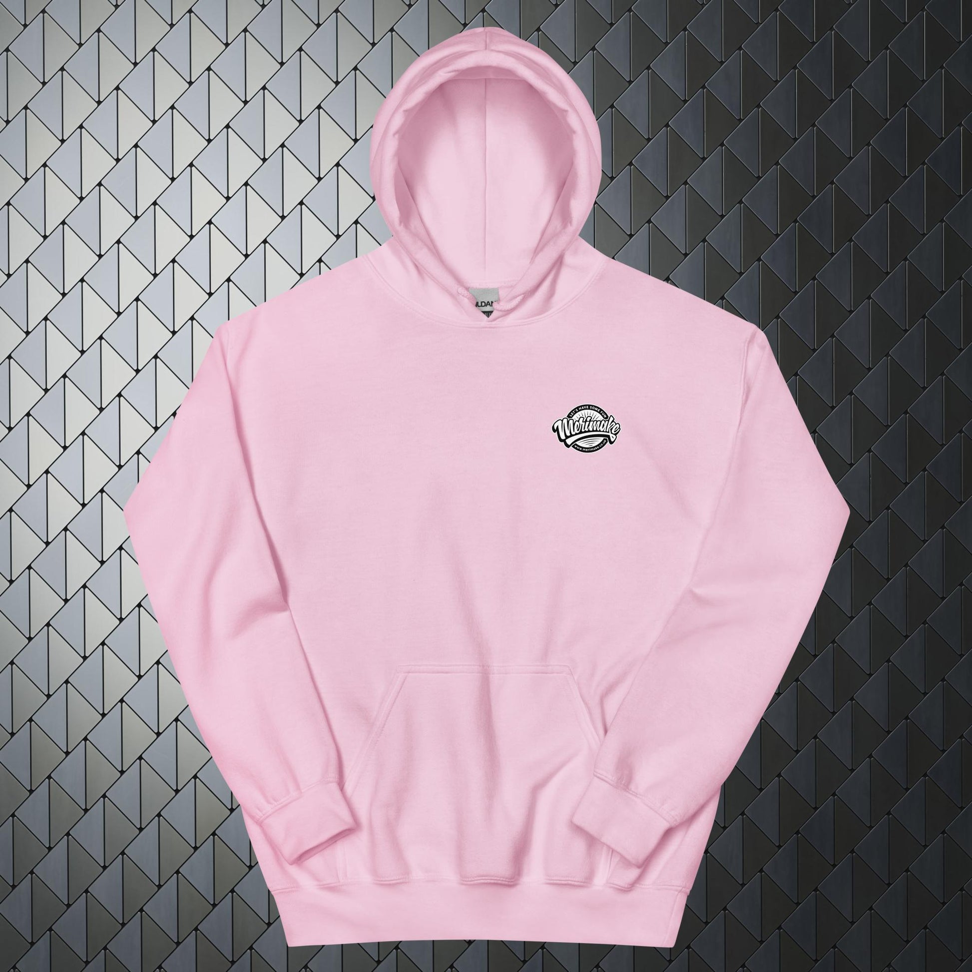 that'll buff right out comfortable heavy blend pink hoodie with that'll buff right out print on back and Merimake logo on the front