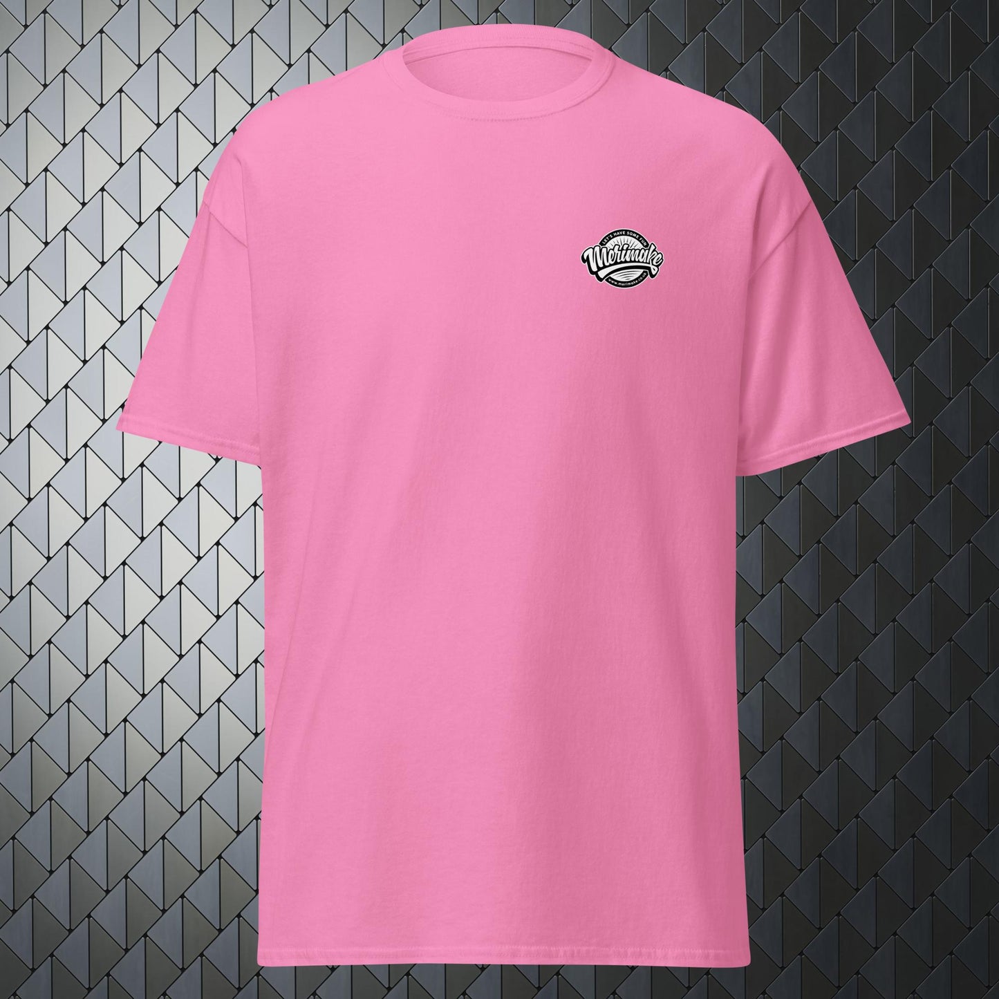 that'll buff right out comfortable pink t-shirt with that'll buff right out print on back and Merimake logo on the front